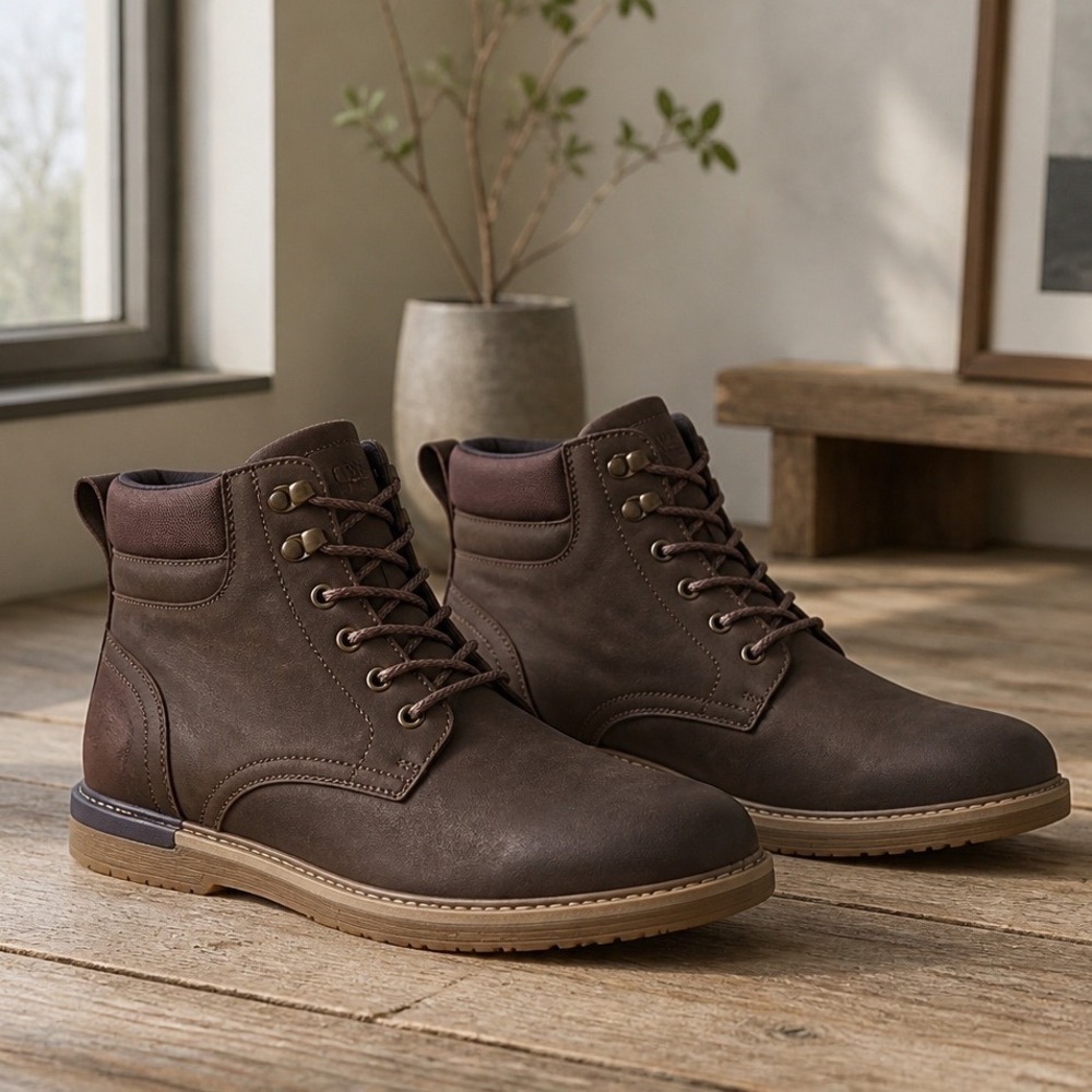 Vostey Mens Brown Lace Up Ankle Boots Sz 13 NWOT Vegan Leather Gorpcore Comfort